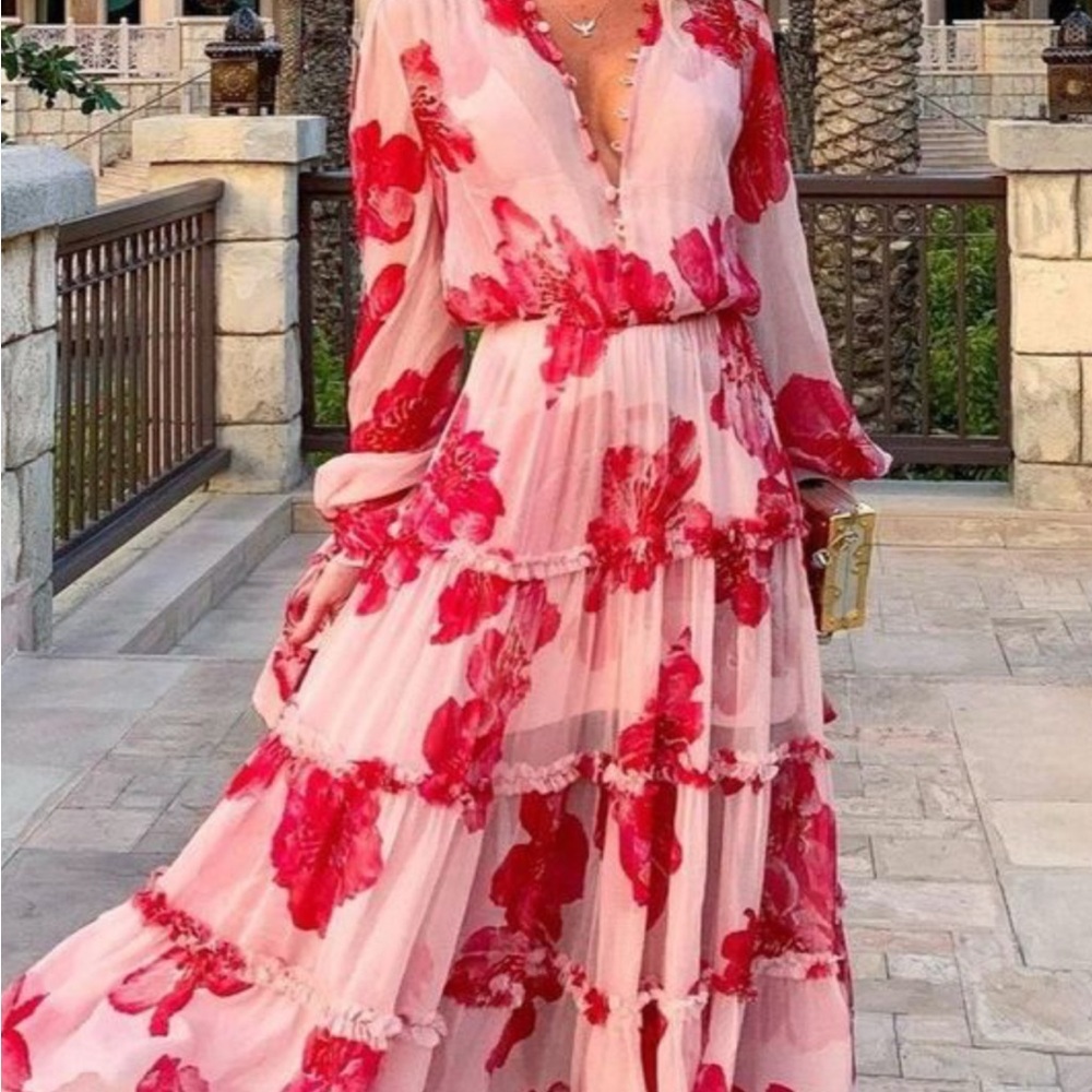 Chic Floral Red and Pink Midi Dress